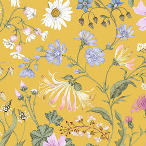 The Lost Garden Wallpaper in India Yellow wallpaper by Studio Le Cocq in yellow, full repeat of a dense garden of flowers