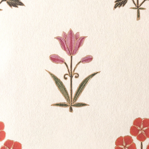 Sultana wallpaper by Deus ex Gardenia in pink and red, full repeat of a vertical floral motif