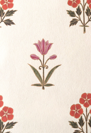 Sultana wallpaper by Deus ex Gardenia in pink and red, full repeat of a vertical floral motif