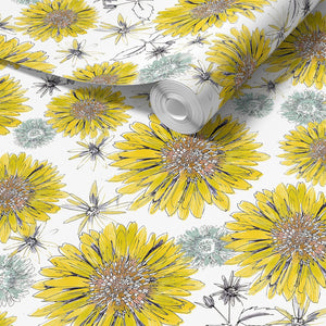 Sunflower and Flora wallpaper by Seed Home Designs in yellow and green, roll showing large sunflowers