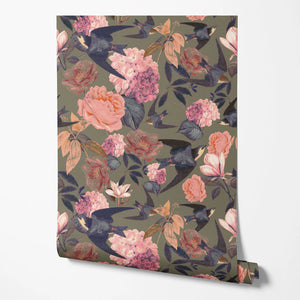 Swallows and Blooms wallpaper by Tatie Lou in rust, sample roll showing swallows and peonies