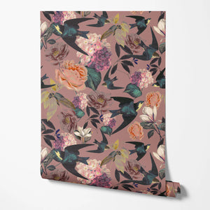 Swallows and Blooms wallpaper by Tatie Lou in pink, roll showing swallows and peonies