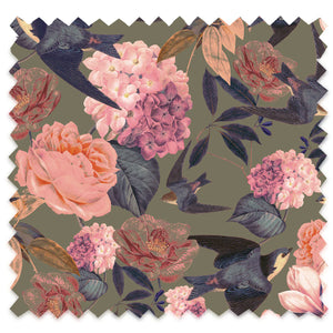 Swallows and Blooms velvet by Tatie Lou in rust, pattern sample of swallows and peonies