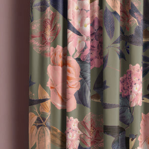 Swallows and Blooms velvet by Tatie Lou in rust, swallows and peonies as lined curtains