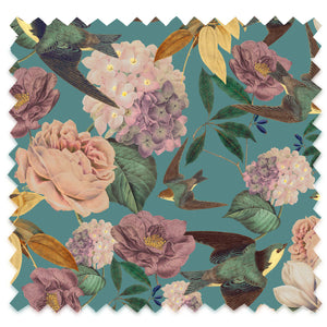 Swallows and Blooms velvet by Tatie Lou in teal, flat sample of swallows and peonies