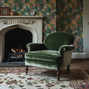 Swallows and Blooms wallpaper by Tatie Lou in teal, swallows and peonies around a fireplace