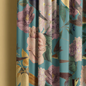 Swallows and Blooms velvet by Tatie Lou in teal, swallows and peonies made into curtains