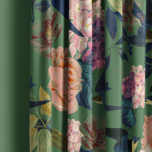Swallows and Blooms velvet by Tatie Lou in green, swallows and peonies hung as curtains