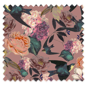 Swallows and Blooms velvet by Tatie Lou in pink, flat sample of swallows and peonies