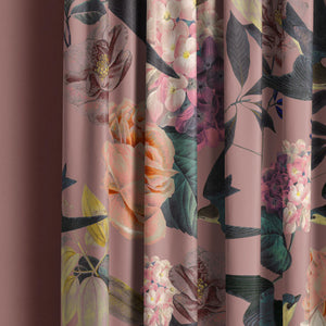Swallows and Blooms velvet by Tatie Lou in pink, swallows and peonies made into curtains