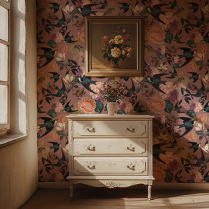 Swallows and Blooms wallpaper by Tatie Lou in pink, swallows and peonies above a sideboard