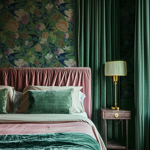 Swallows and Blooms wallpaper by Tatie Lou in green, swallows and peonies in a bedroom