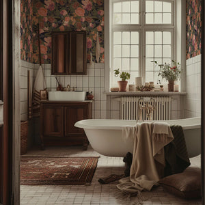 Swallows and Blooms wallpaper by Tatie Lou in rust, swallows and peonies in a bathroom