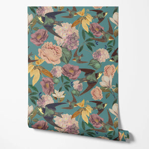 Swallows and Blooms wallpaper by Tatie Lou in teal, roll showing swallows and peonies