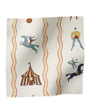 Run Away to the Circus linen by Annika Reed in yellow, pattern sample of circus performers and tents