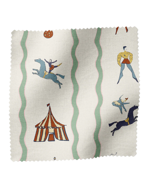 Run Away to the Circus linen by Annika Reed in green, flat sample of circus performers and tents