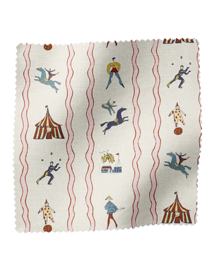 Run Away to the Circus linen by Annika Reed in pink, flat sample of circus performers and tents