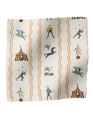 Run Away to the Circus linen by Annika Reed in yellow, full repeat of circus performers and tents