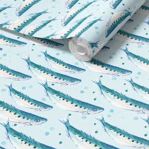 Swimming Sardines wallpaper by Seed Home Designs in blue, partly unrolled roll showing swimming sardines