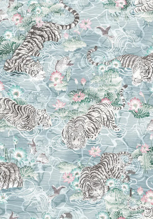 Tiger Lily wallpaper by Brand McKenzie in pale blue, tigers among lilies on a bathroom wall