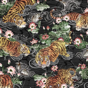Tiger Lily wallpaper by Brand McKenzie in charcoal and gold, close-up of tigers among lilies