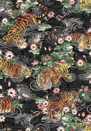 Tiger Lily wallpaper by Brand McKenzie in charcoal and gold, close-up of tigers among lilies
