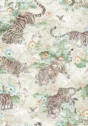 Tiger Lily wallpaper by Brand McKenzie in cream and green, detail of tigers among lilies