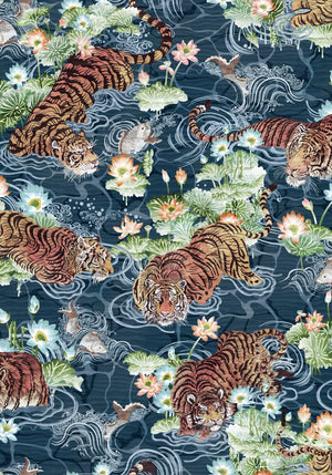 Tiger Lily wallpaper by Brand McKenzie in navy, close view of tigers among lilies