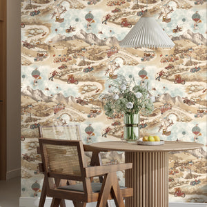 Tally Ho! wallpaper by Brand McKenzie in brown, pattern detail of a countryside landscape