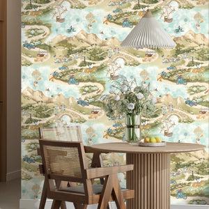 Tally Ho! wallpaper by Brand McKenzie in green, a countryside landscape in a dining area