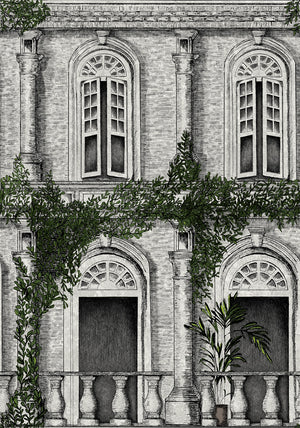 The Architecture wallpaper by Brand McKenzie in grey, detail of overgrown classical buildings