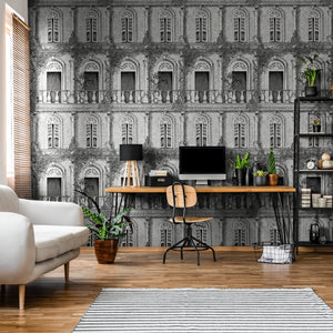 The Architecture wallpaper by Brand McKenzie in grey, overgrown classical buildings in a home office