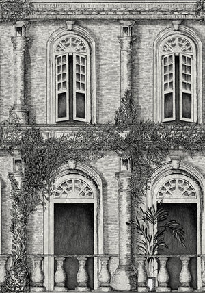 The Architecture wallpaper by Brand McKenzie in grey, close view of overgrown classical buildings