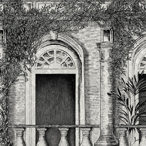 The Architecture wallpaper by Brand McKenzie in grey, pattern detail of overgrown classical buildings
