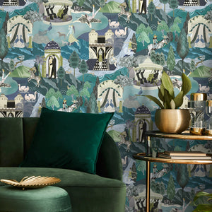 The Art Deco Hills wallpaper by Brand McKenzie in aqua, Art Deco hillside scenes in a living room