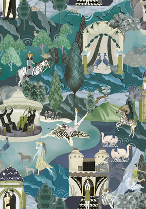 The Art Deco Hills wallpaper by Brand McKenzie in aqua, detail of Art Deco hillside scenes