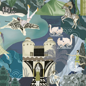 The Art Deco Hills wallpaper by Brand McKenzie in aqua, close-up of Art Deco hillside scenes