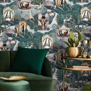 The Art Deco Hills wallpaper by Brand McKenzie in copper, Art Deco hillside scenes behind a sofa in a living room