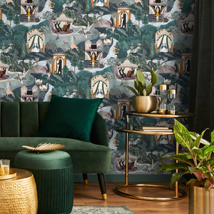 The Art Deco Hills wallpaper by Brand McKenzie in teal, Art Deco hillside scenes on a living room wall