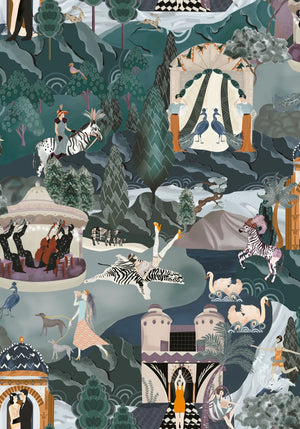 The Art Deco Hills wallpaper by Brand McKenzie in grey, detail of Art Deco hillside scenes
