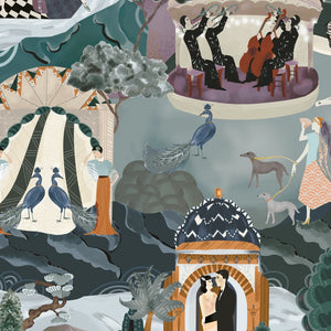 The Art Deco Hills wallpaper by Brand McKenzie in grey, close-up of Art Deco hillside scenes