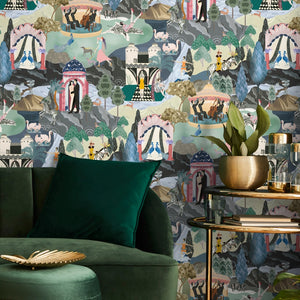 The Art Deco Hills wallpaper by Brand McKenzie in fuchsia, Art Deco hillside scenes on a living room wall