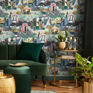 The Art Deco Hills wallpaper by Brand McKenzie in teal, Art Deco hillside scenes in a living room