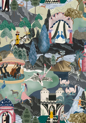 The Art Deco Hills wallpaper by Brand McKenzie in fuchsia, pattern detail of Art Deco hillside scenes