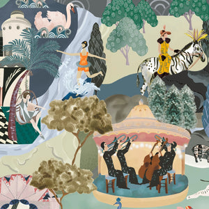 The Art Deco Hills wallpaper by Brand McKenzie in cream, close view of Art Deco hillside scenes