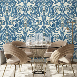 The Great Damask wallpaper by Brand McKenzie in blue, a large-scale damask in a dining area