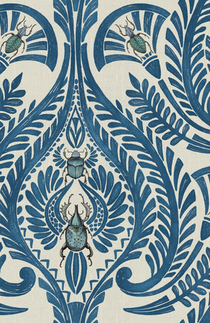 The Great Damask wallpaper by Brand McKenzie in blue, detail of a large-scale damask