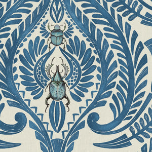 The Great Damask wallpaper by Brand McKenzie in blue, close-up of a large-scale damask