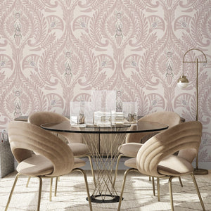 The Great Damask wallpaper by Brand McKenzie in pink, a large-scale damask in a dining area
