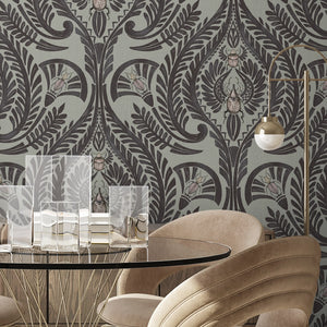 The Great Damask wallpaper by Brand McKenzie in charcoal, a large-scale damask in a dining room